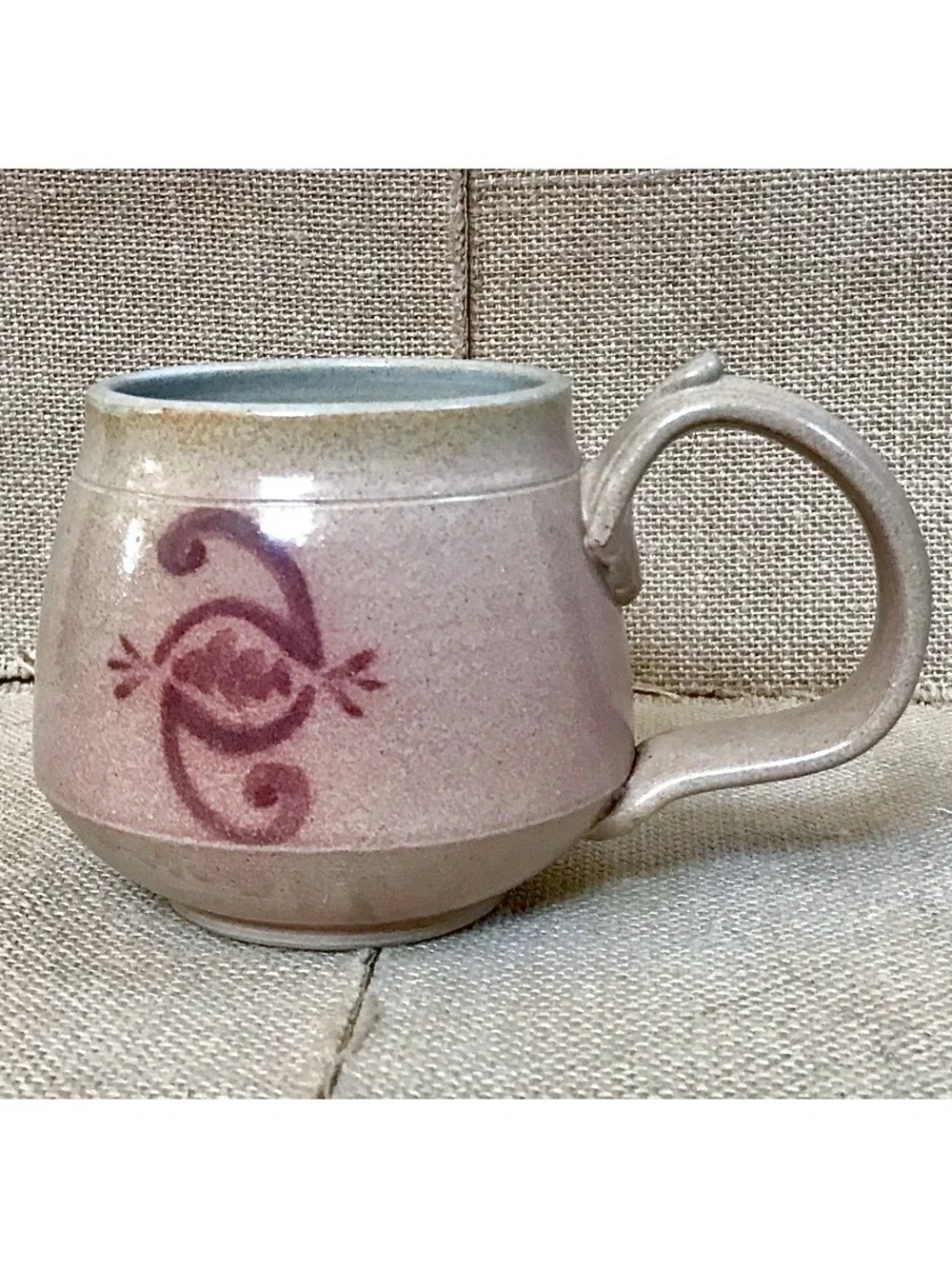 Handmade Pottery Mug Cup Double Spiral Eye Symbol Beige Brown Wide Handle - Picture 3 of 9